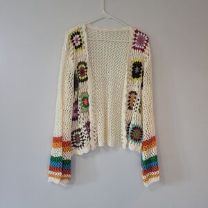 SHEIN Cream Crochet Cardigan with Multicolor Floral Squares and Rainbow Cuffs